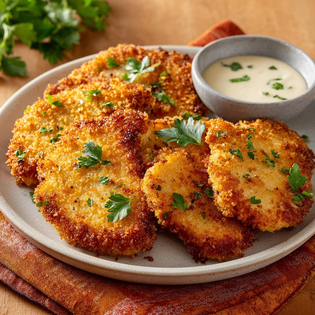 Golden crispy chicken cutlets are arranged on a plate with a side of creamy sauce and garnished with fresh parsley.
