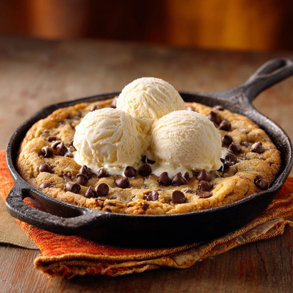 A warm, gooey skillet cookie topped with three scoops of vanilla ice cream and scattered chocolate chips.