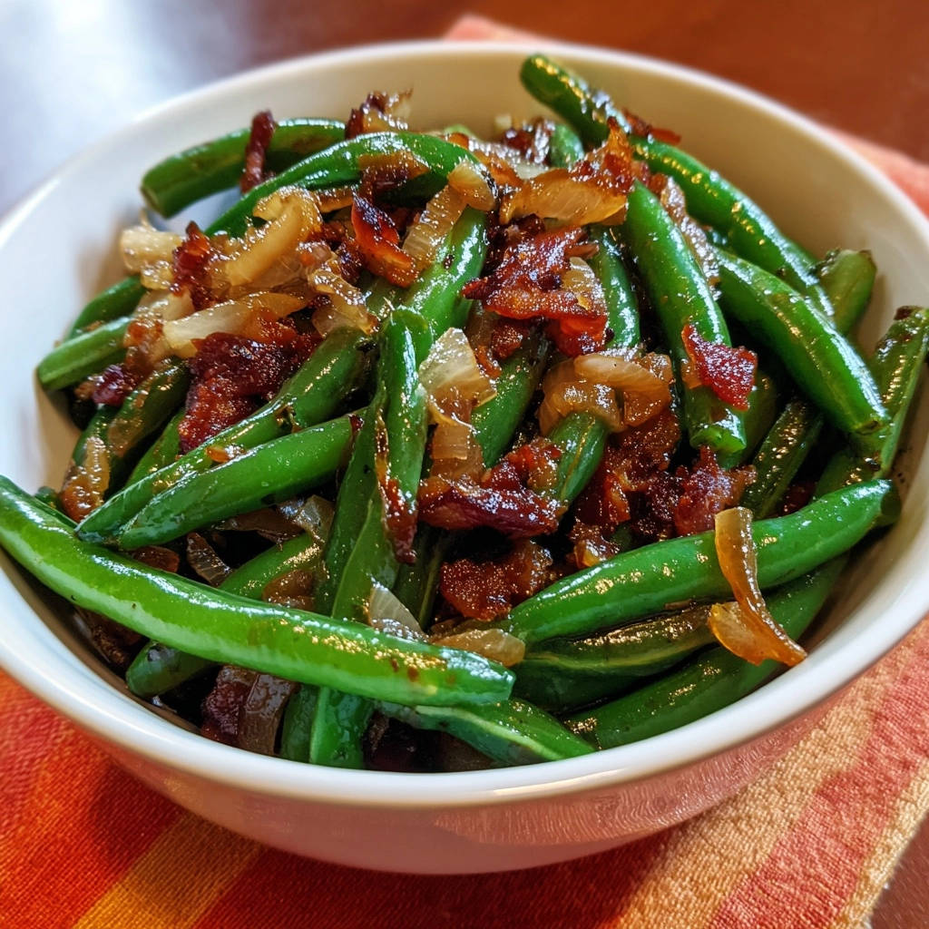 Green Beans With Bacon Onions Close Up 1