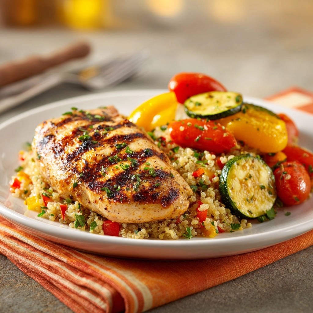 A grilled chicken and quinoa power bowl is plated with grilled chicken breast, quinoa, and colorful roasted vegetables.