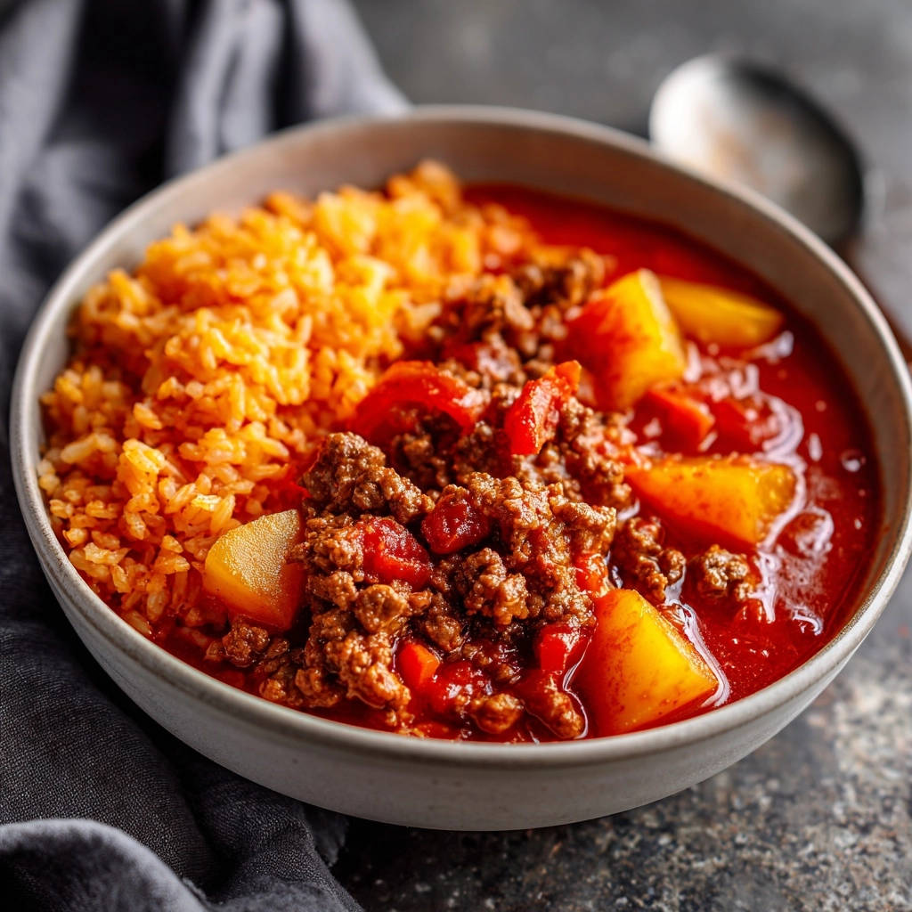 A bowl of hearty ground beef and potato stew with a side of orange rice on a dark surface.