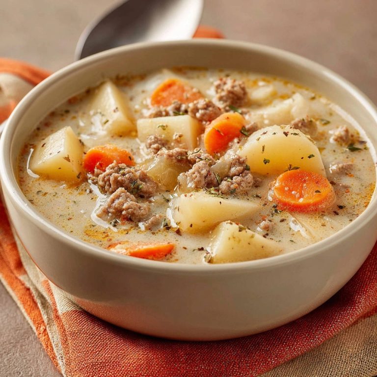 Hearty Beef Potato Cream Soup Close Up