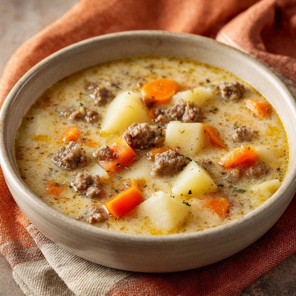 Hearty Beef Potato Cream Soup Close Up Bowl 1