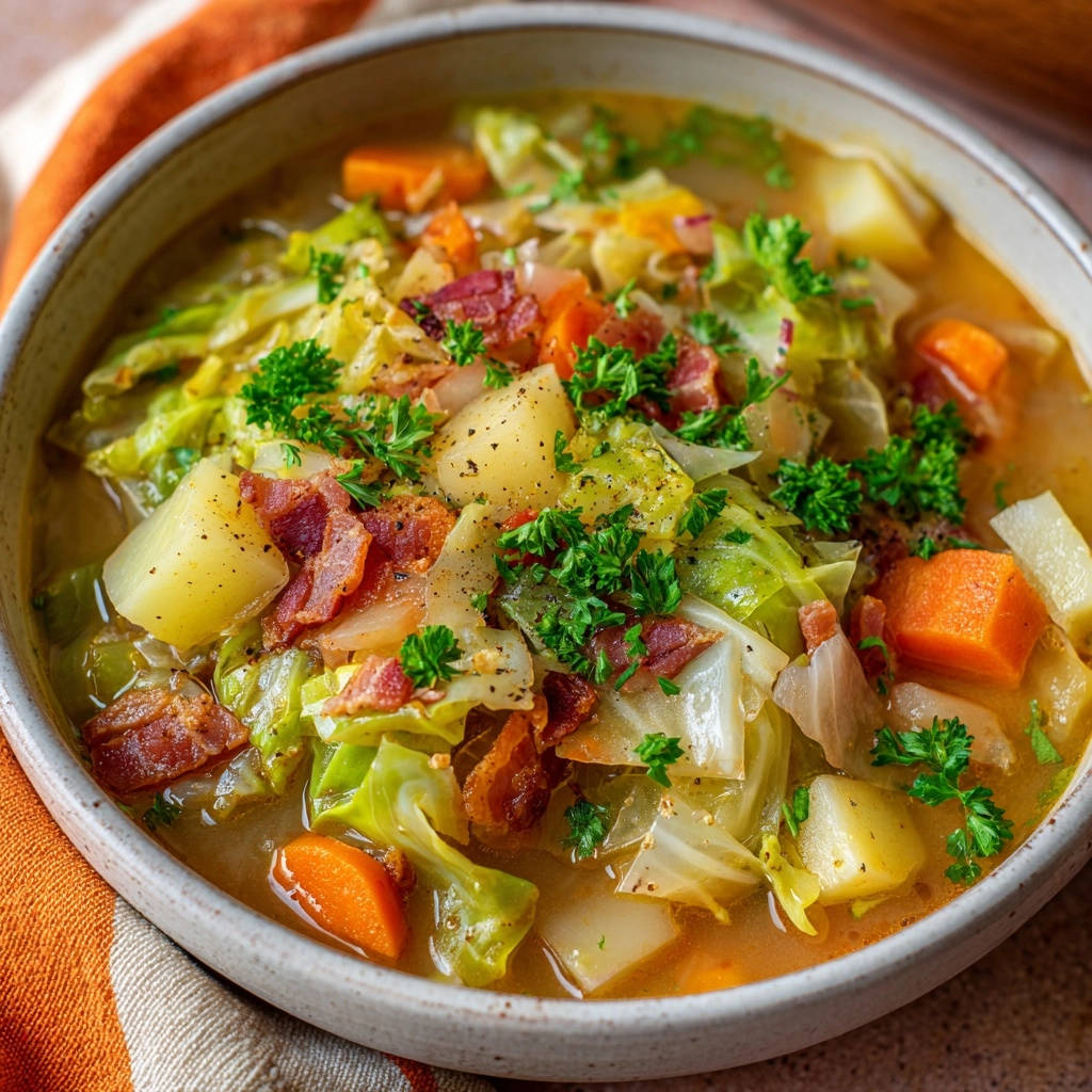 A close-up of a bowl of hearty Cabbage & Bacon Stew with chunks of potatoes, carrots, and crispy bacon, garnished with fresh parsley.