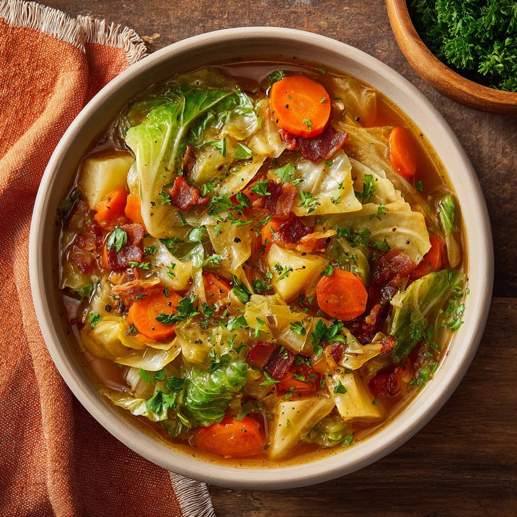 Hearty Cabbage Bacon Stew Overhead View