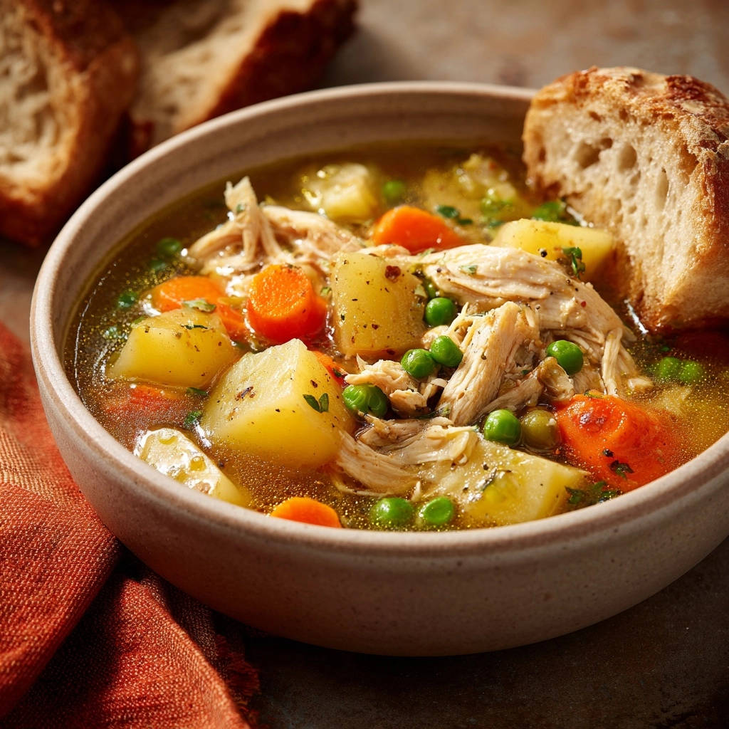 A bowl of hearty chicken & veggie stew with tender chicken, carrots, peas, and potatoes, served with a piece of crusty bread.