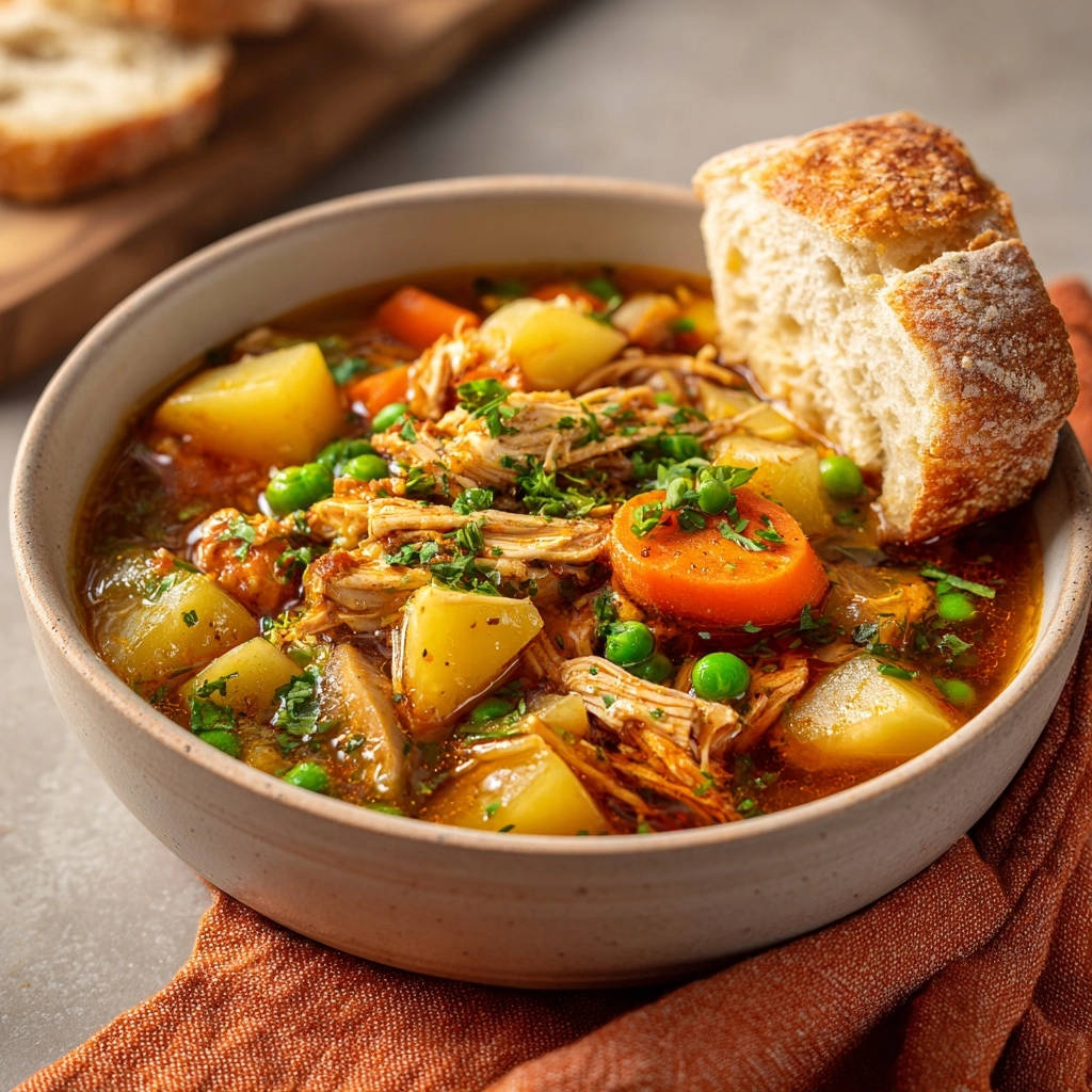 Hearty Chicken Veggie Stew Close Up With Bread