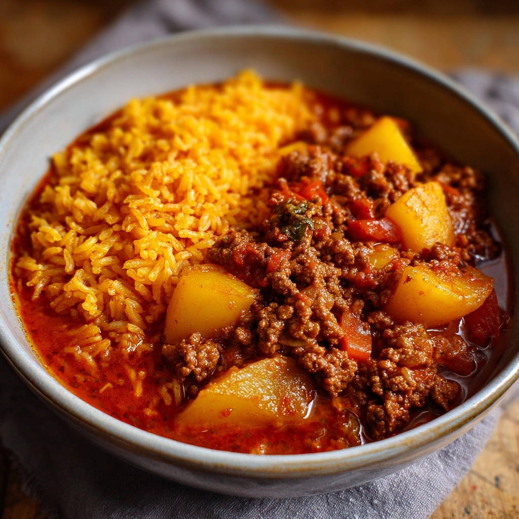 Hearty Ground Beef Potato Stew Overhead View