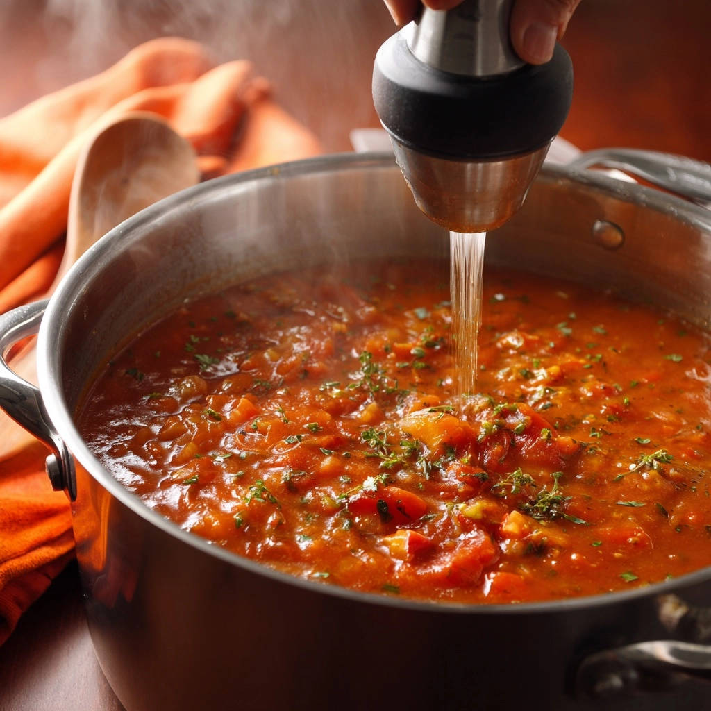 A hand pours liquid from a dispenser into a pot of hearty tomato potato stew, which is steaming and garnished with herbs.