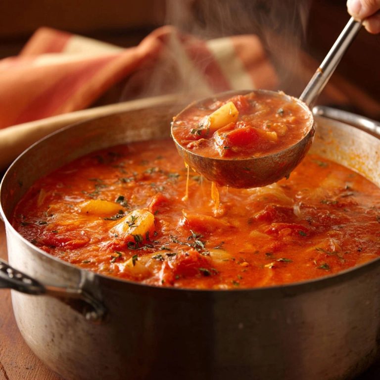 Hearty Tomato Potato Stew Ladle Close Up