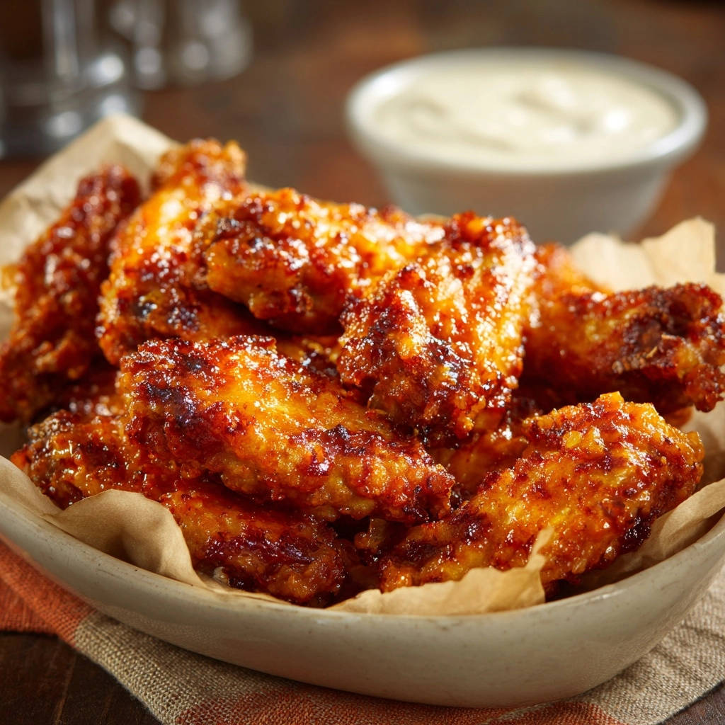 A bowl of glistening hot and crispy wings with a rich glaze, served with a side of creamy dipping sauce.