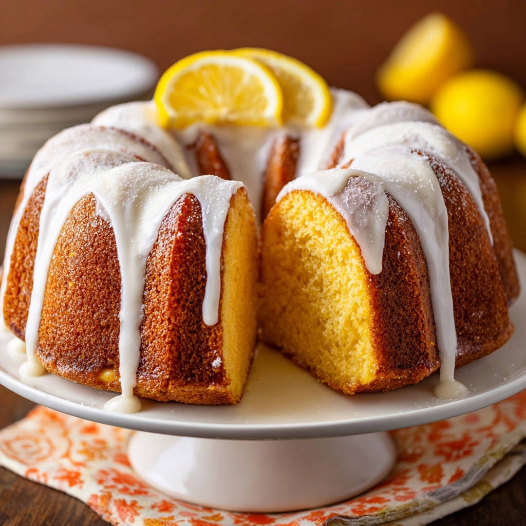 A sliced lemon bundt cake with white glaze dripping down the sides, garnished with lemon slices, on a white cake stand.