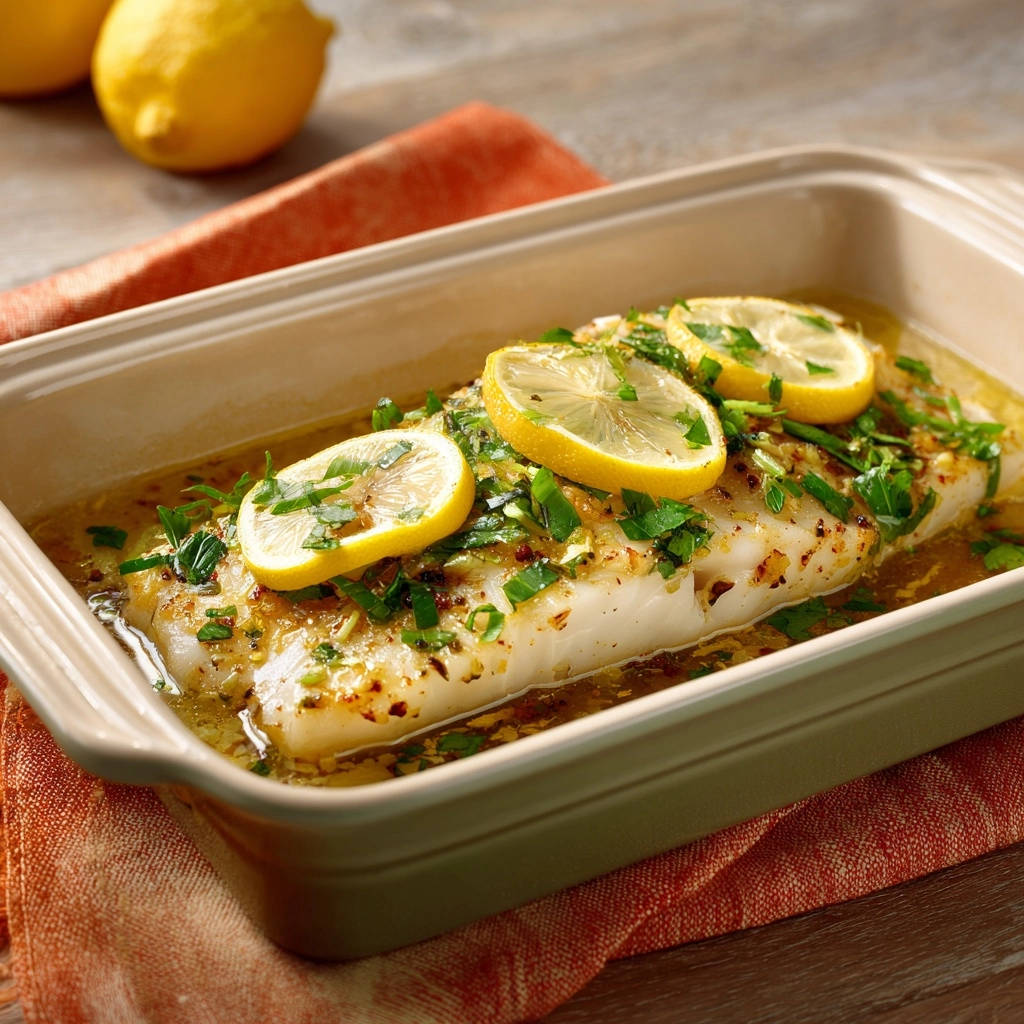 Lemon Herb Baked Fish is baked in a ceramic dish and garnished with lemon slices and fresh herbs.
