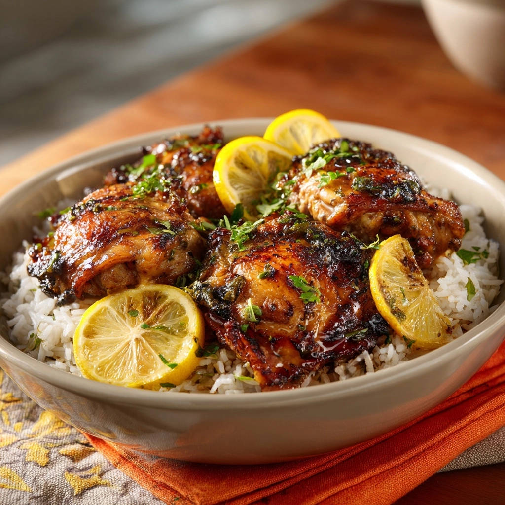 Lemon Herb Chicken Thighs with crispy skin are served over white rice and garnished with lemon slices and fresh herbs.