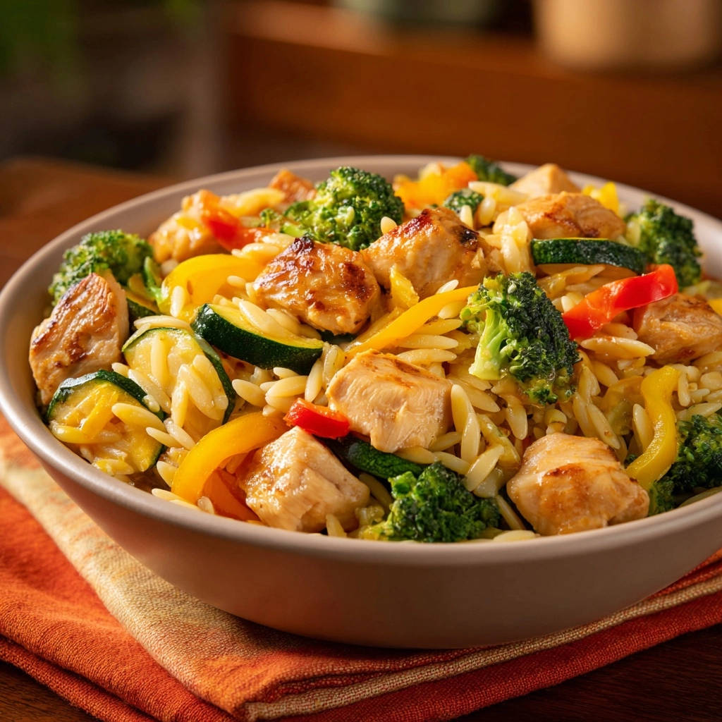 A bowl of Lemon Herb Chicken & Veggie Orzo with tender chicken, broccoli, zucchini, and bell peppers.