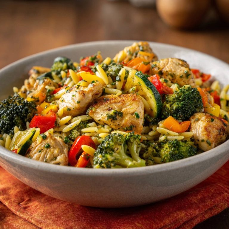 Lemon Herb Chicken Veggie Orzo Close Up Bowl