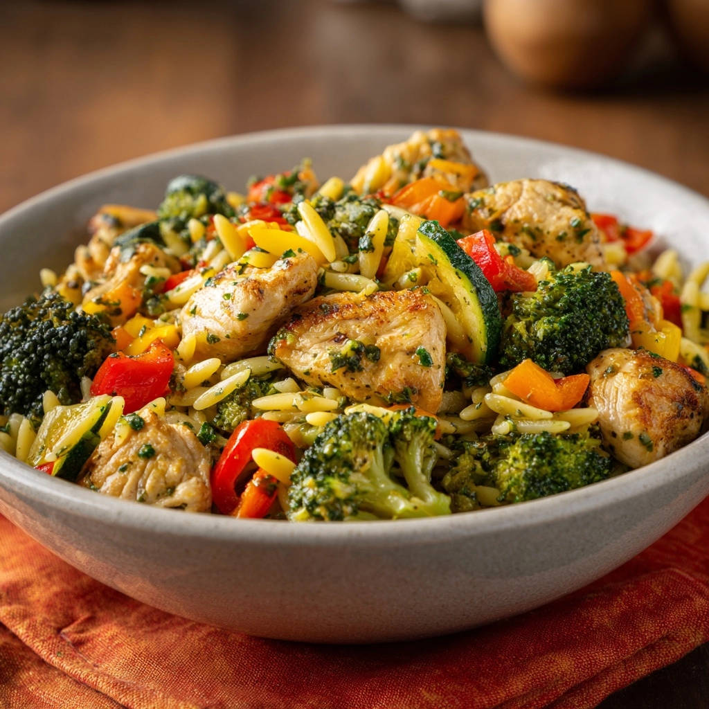 Lemon Herb Chicken Veggie Orzo Close Up Bowl