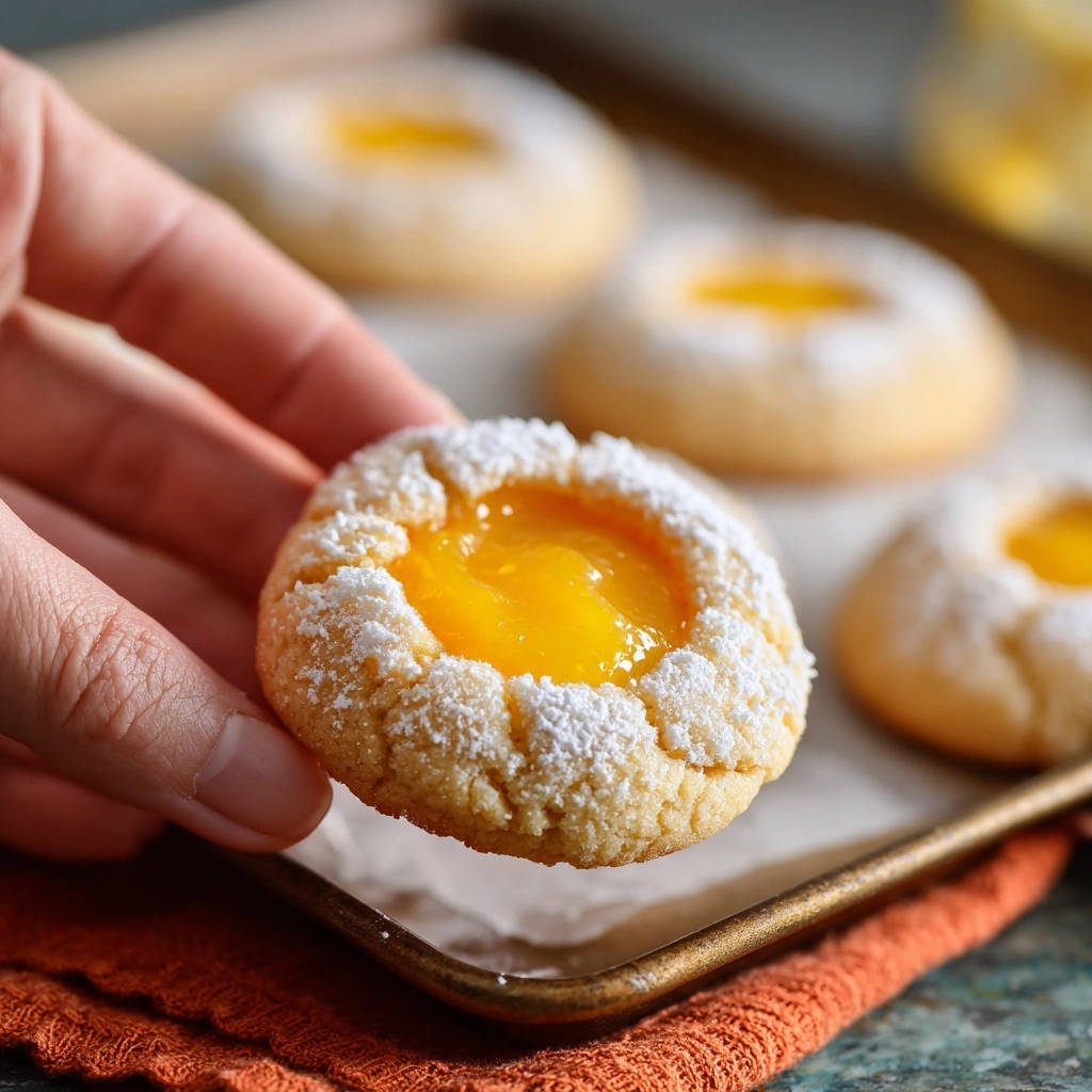 A hand holding a lemon thumbprint cookie filled with bright yellow lemon curd and dusted with powdered sugar.