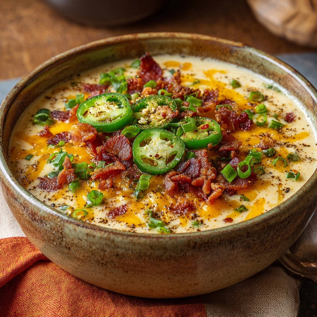 A bowl of creamy loaded potato soup is garnished with crispy bacon, sliced jalapeños, and fresh green onions.