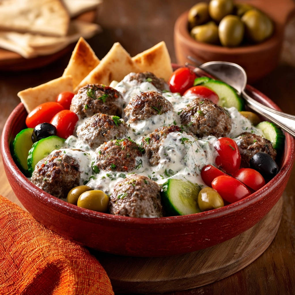 Juicy Mediterranean Meatball Bowls are served in a red bowl with tzatziki sauce, tomatoes, cucumbers, olives, and pita bread.