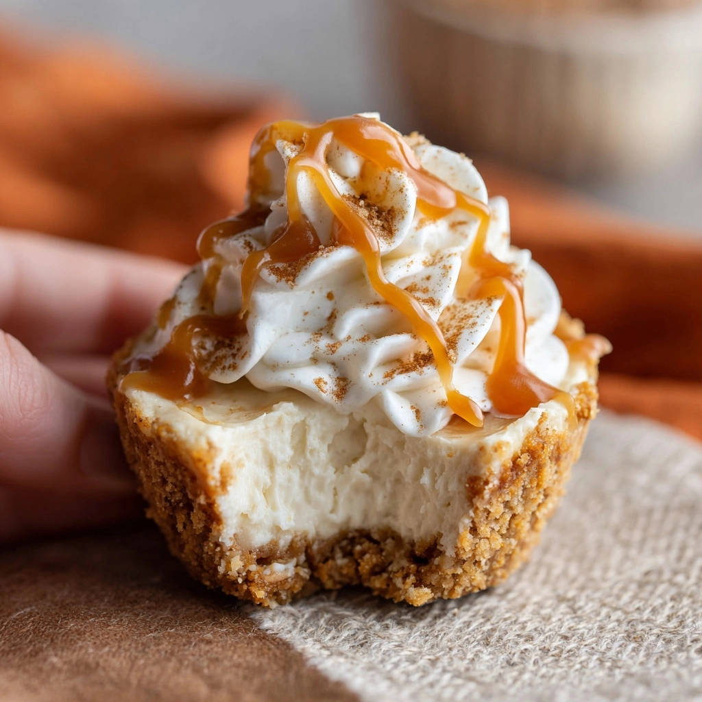 A mini Caramel Cheesecake Bite with a bite taken out, topped with whipped cream, caramel drizzle, and cinnamon.
