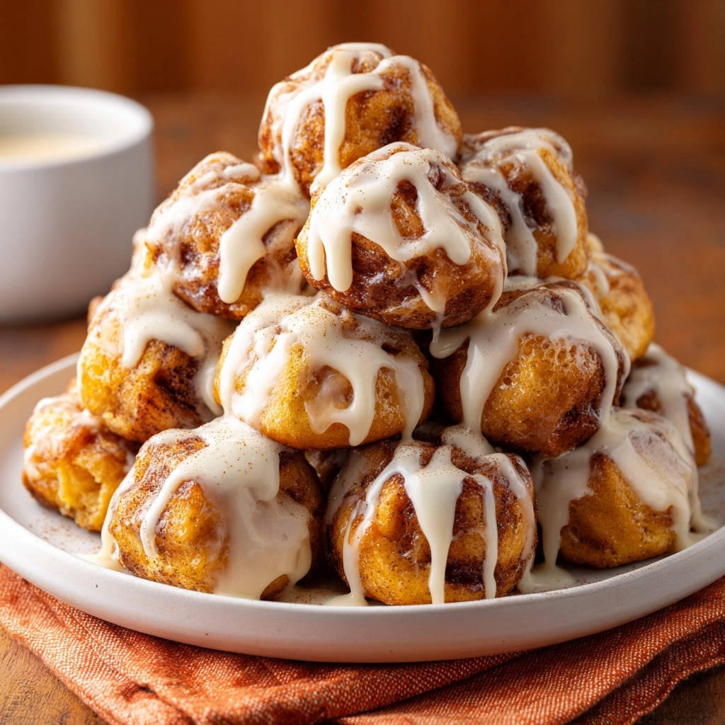 A stack of fluffy mini cinnamon donut bites drizzled with white glaze on a white plate, with an orange napkin below.