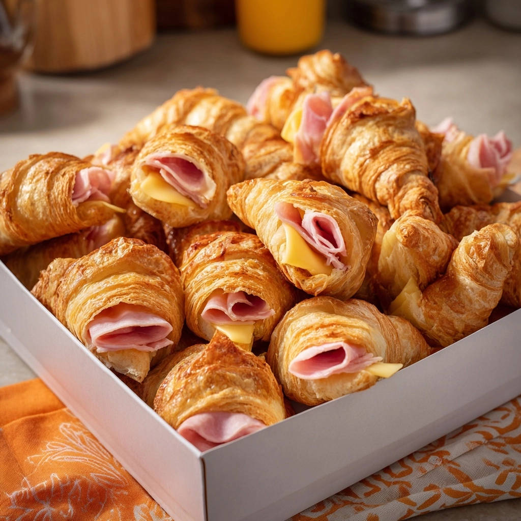 A white box overflowing with golden-brown mini ham and cheese croissants, ready to be served.