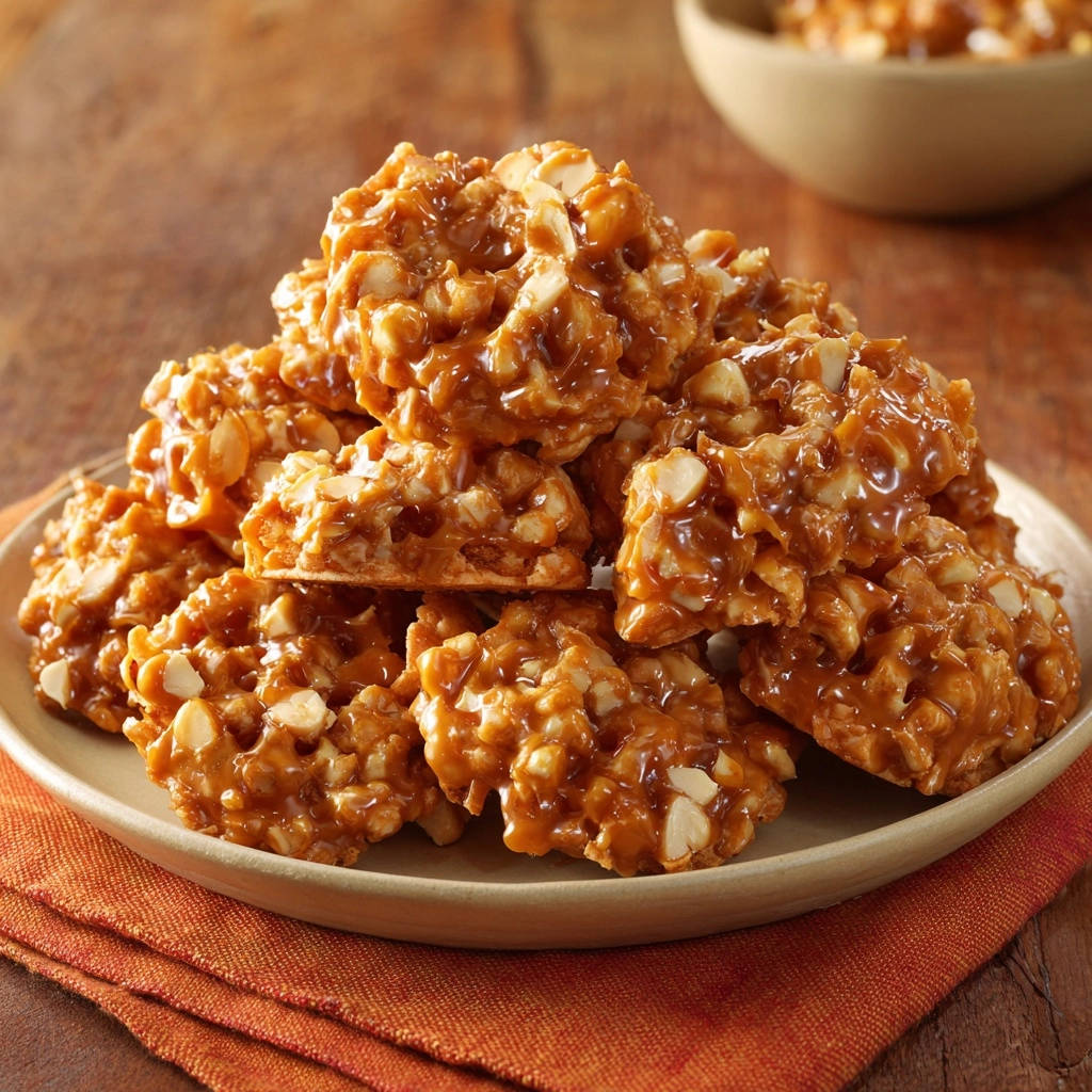 A plate of delicious no-bake caramel nut clusters with a glossy caramel coating and chopped nuts.