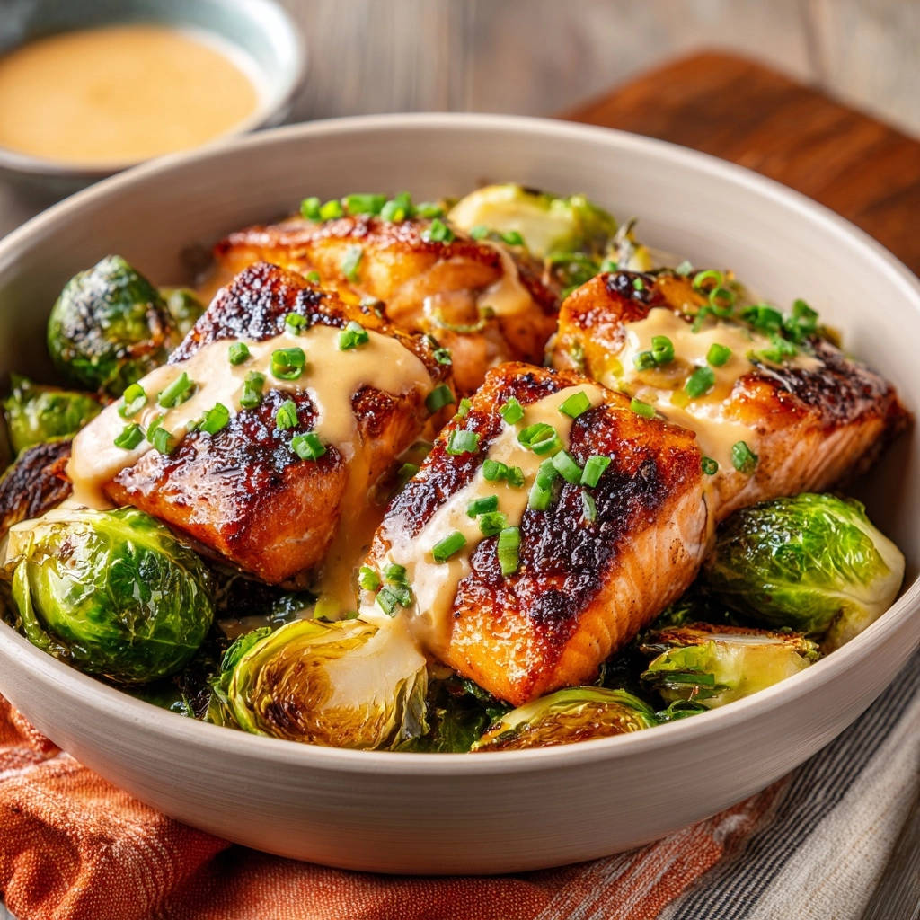 Pan Seared Salmon Roasted Brussels Sprouts Close Up Detail 1