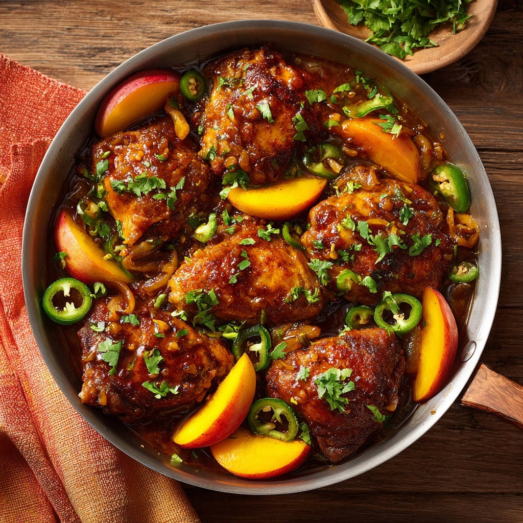 Peach Jalapeno Skillet Chicken with juicy chicken thighs, peach slices, and jalapenos in a savory sauce, garnished with fresh cilantro.