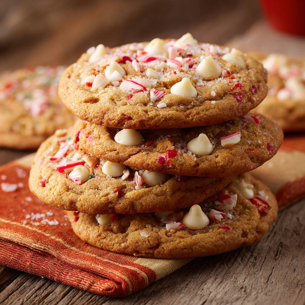 A stack of soft peppermint white chocolate chip cookies with white chocolate chips and crushed peppermint on a rustic wooden surface.