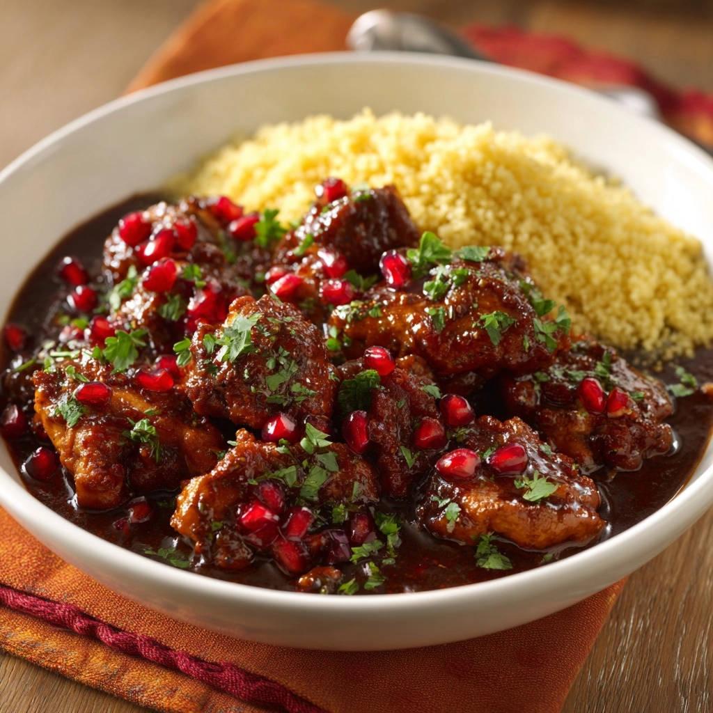 Pomegranate glazed chicken served in a white bowl with couscous and garnished with fresh pomegranate seeds and parsley.