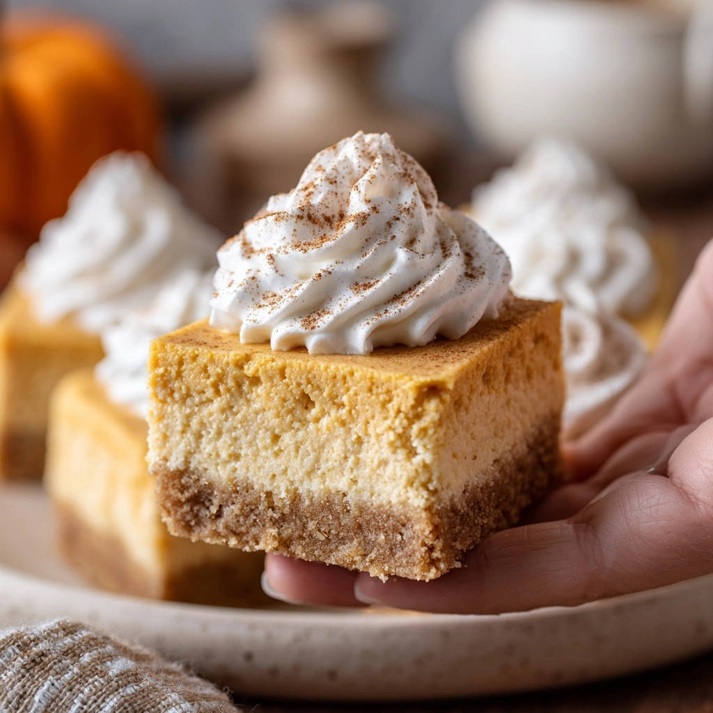 A hand holds a pumpkin cheesecake bar topped with whipped cream and cinnamon, with more bars in the background.