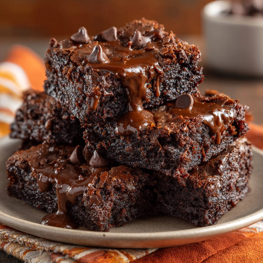 A stack of rich fudgy orange brownies drizzled with chocolate sauce and sprinkled with chocolate chips on a plate.