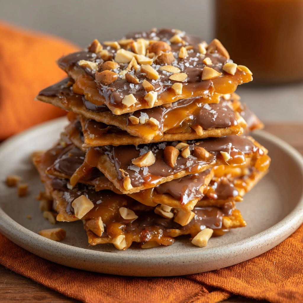 A close-up of a stack of Salted Peanut Toffee Bark, with layers of toffee, chocolate, peanuts, and coarse salt on a plate.