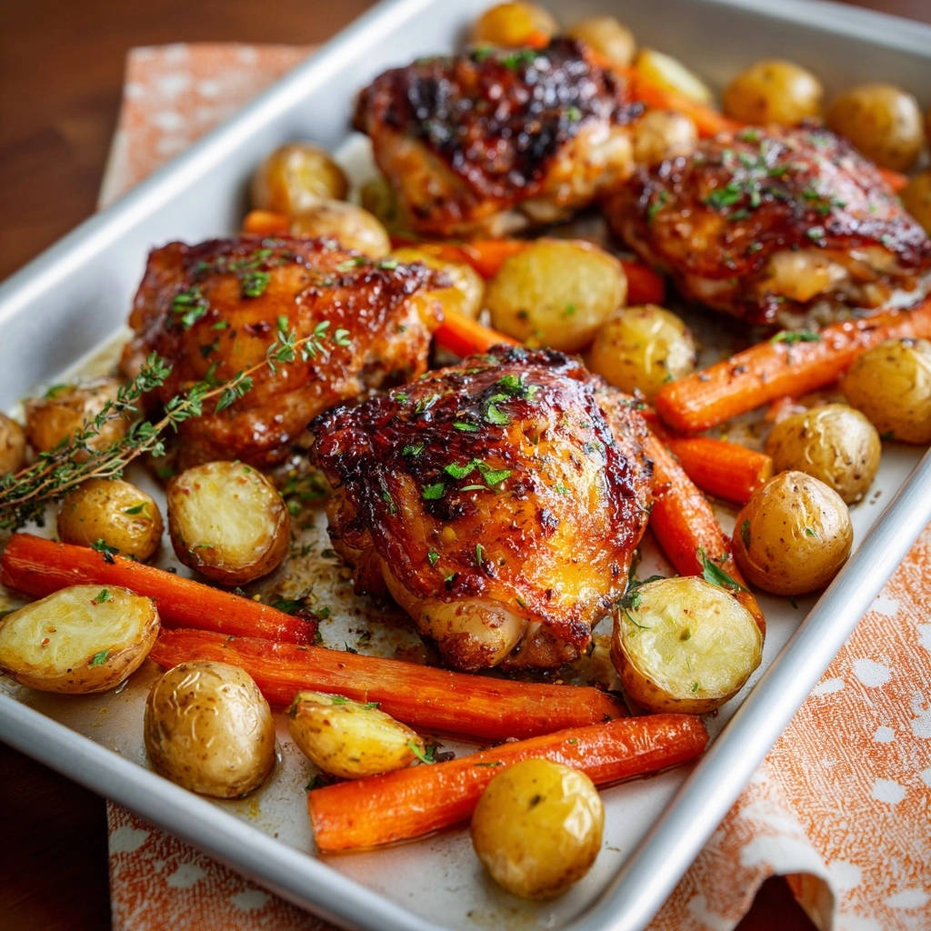 A sheet pan of golden brown Sheet Pan Chicken & Veggies with crispy skin, roasted carrots, and potatoes.