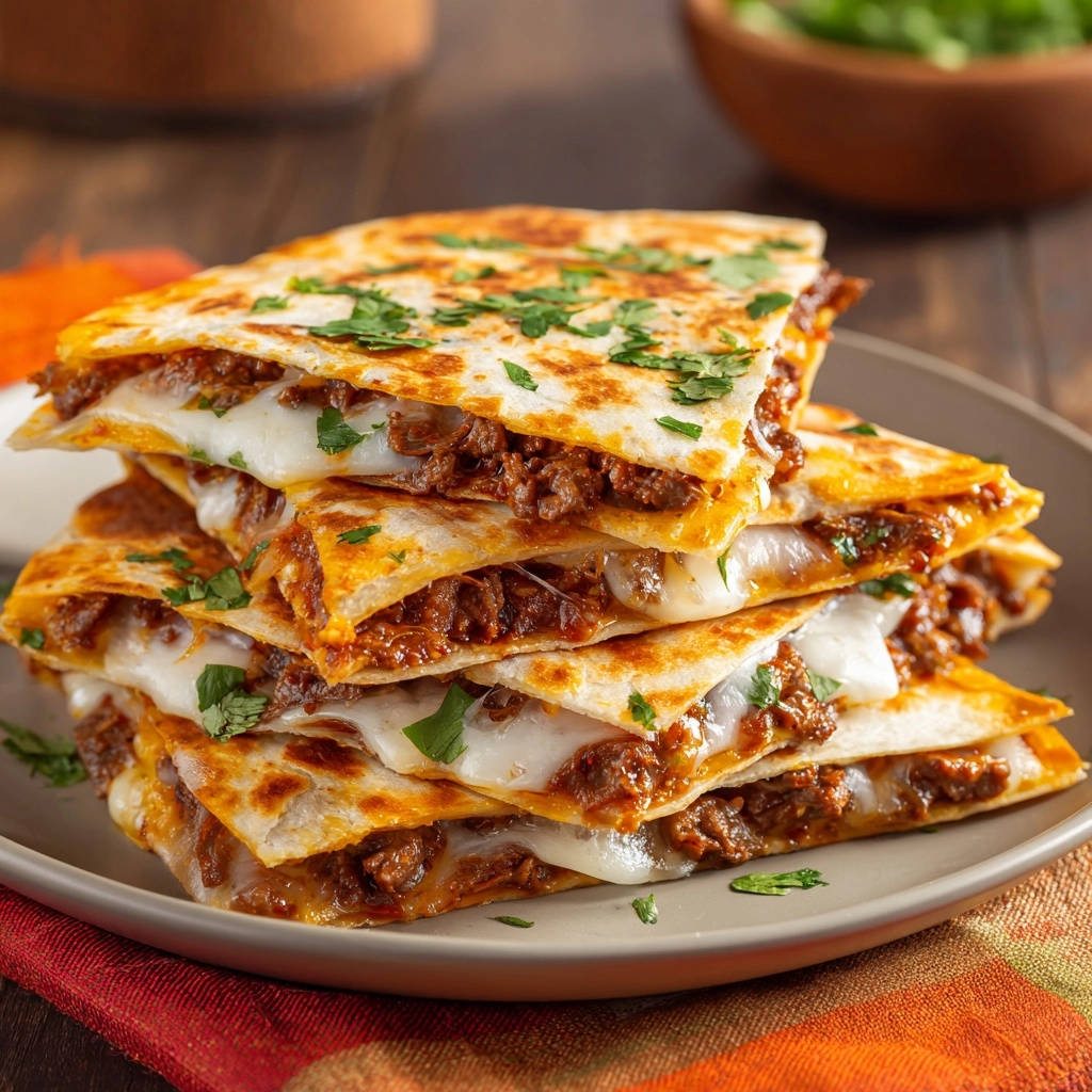A stack of crispy Shredded Beef & Double Cheese Quesadillas is garnished with fresh parsley on a gray plate.
