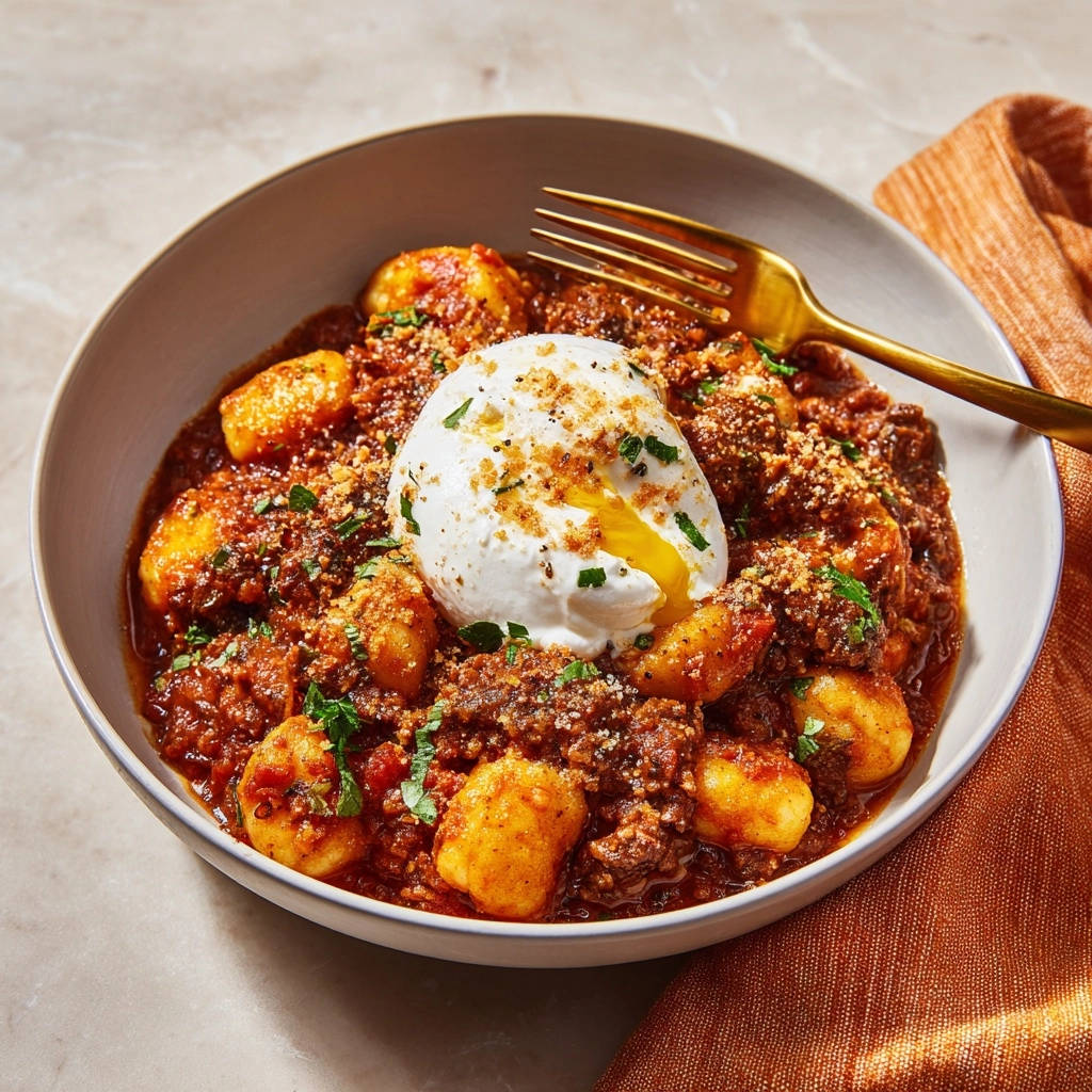 Skillet Gnocchi Meat Sauce Burrata Close Up Egg Yolk 1