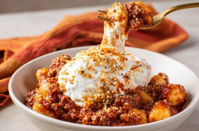 Skillet Gnocchi with Rich Meat Sauce & Burrata