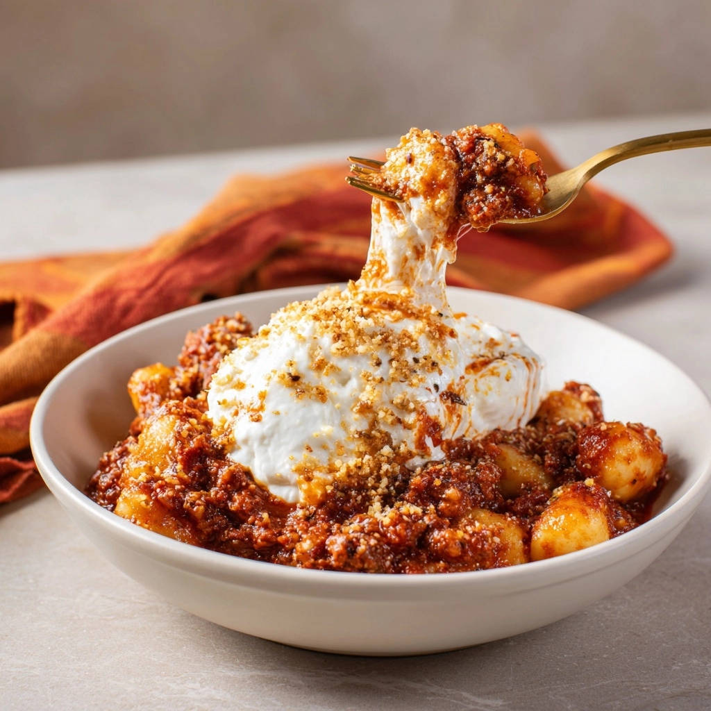 Skillet Gnocchi Meat Sauce Burrata Forkful Pull