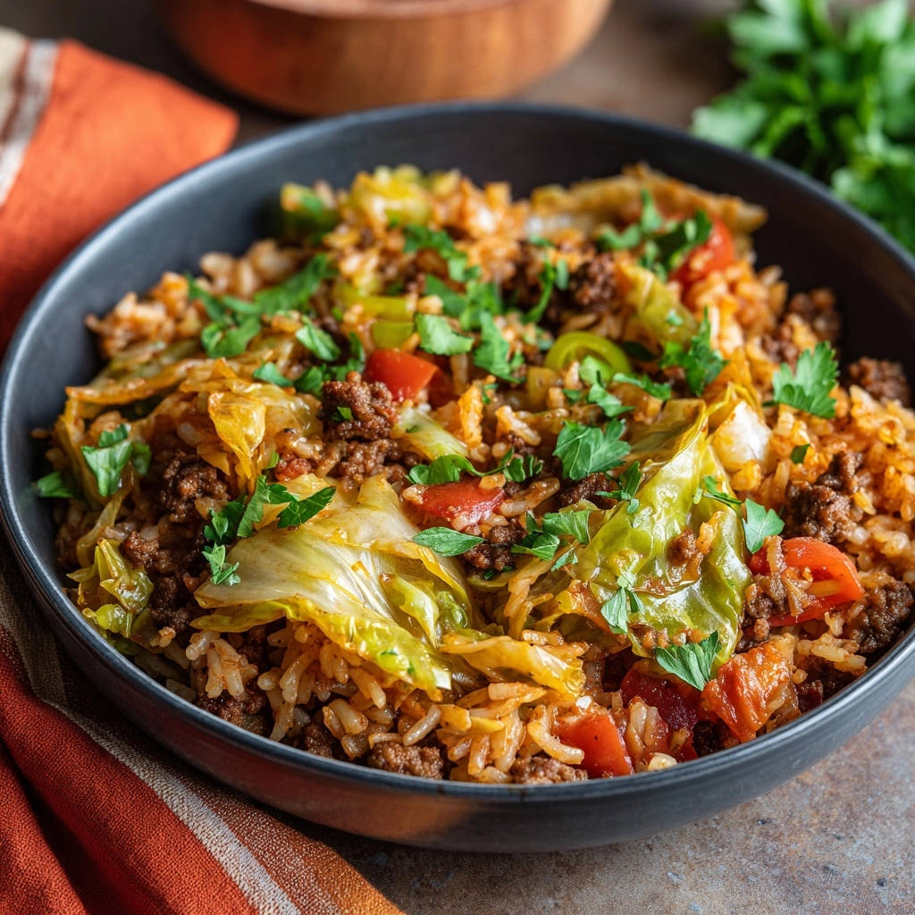 Skillet Ground Beef Cabbage Rice Close Up Detail 1