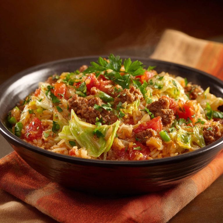 Skillet Ground Beef Cabbage Rice Close Up Steam