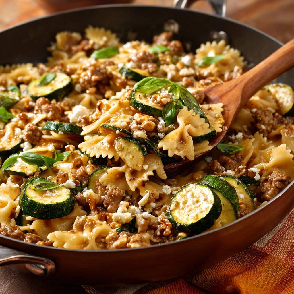Skillet Sausage Zucchini Farfalle Spoonful Close Up 1