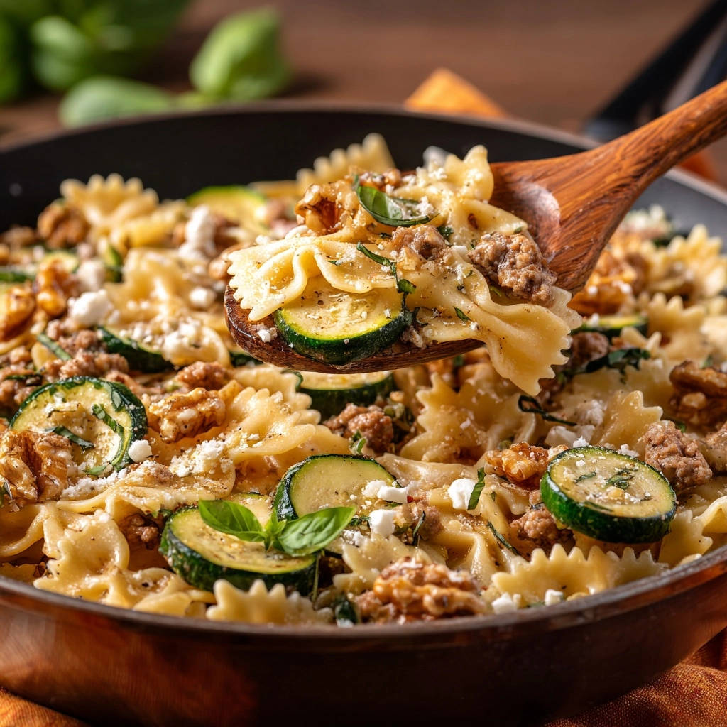 Skillet Sausage Zucchini Farfalle Spoonful Close Up