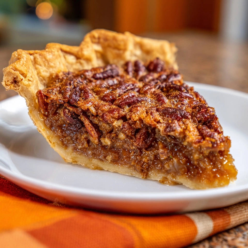 A slice of classic pecan pie with a golden crust sits on a white plate over an orange and brown napkin.