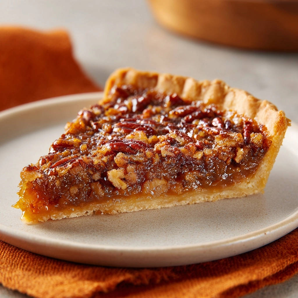 A slice of pecan tart with a golden crust and a gooey pecan filling is served on a beige plate.