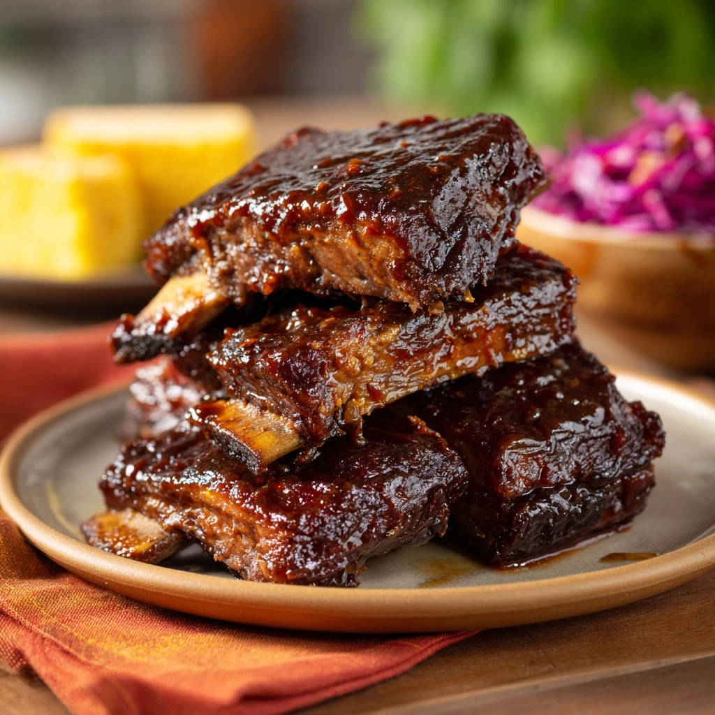 A stack of glistening slow-cooked BBQ short ribs on a plate, with a side of coleslaw and cornbread.