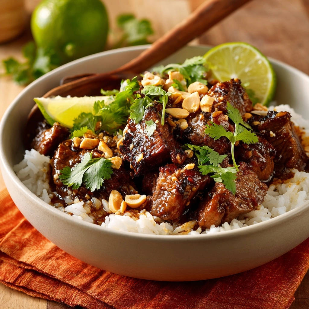 A bowl of slow cooker Asian-inspired shredded beef served over white rice, garnished with peanuts, cilantro, and lime wedges.