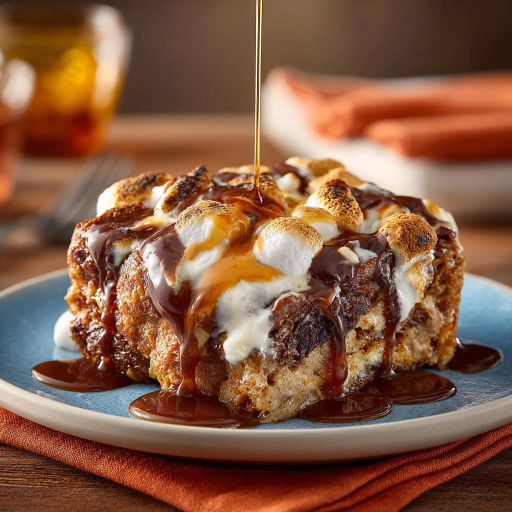 Smores Bread Pudding Bake Syrup Drizzle 1