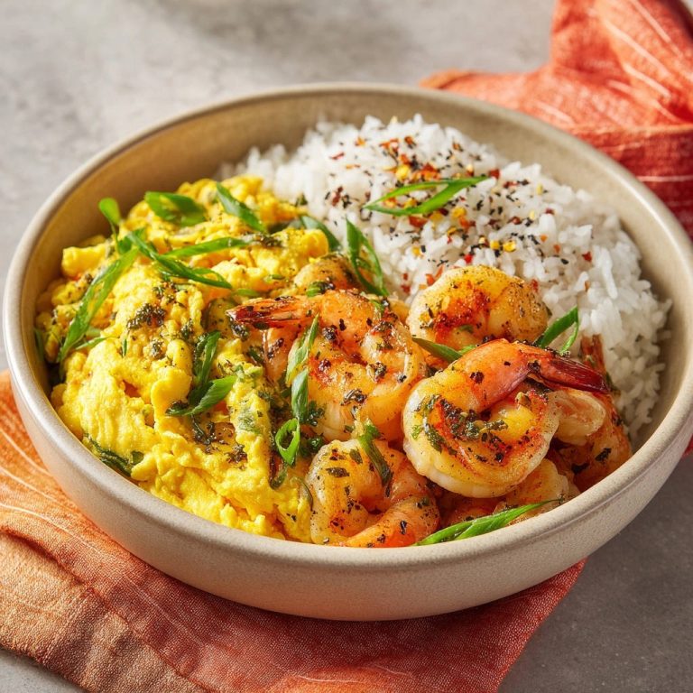 Speedy Shrimp Egg Rice Bowl Close Up Plated